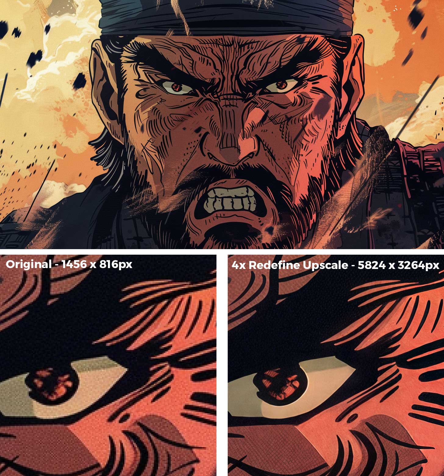 Manga Face Illustration, zooming in on AI Upscale Eye Detail (4x)