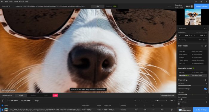 Topaz Gigapixel Interface and Dog with Sunglasses image